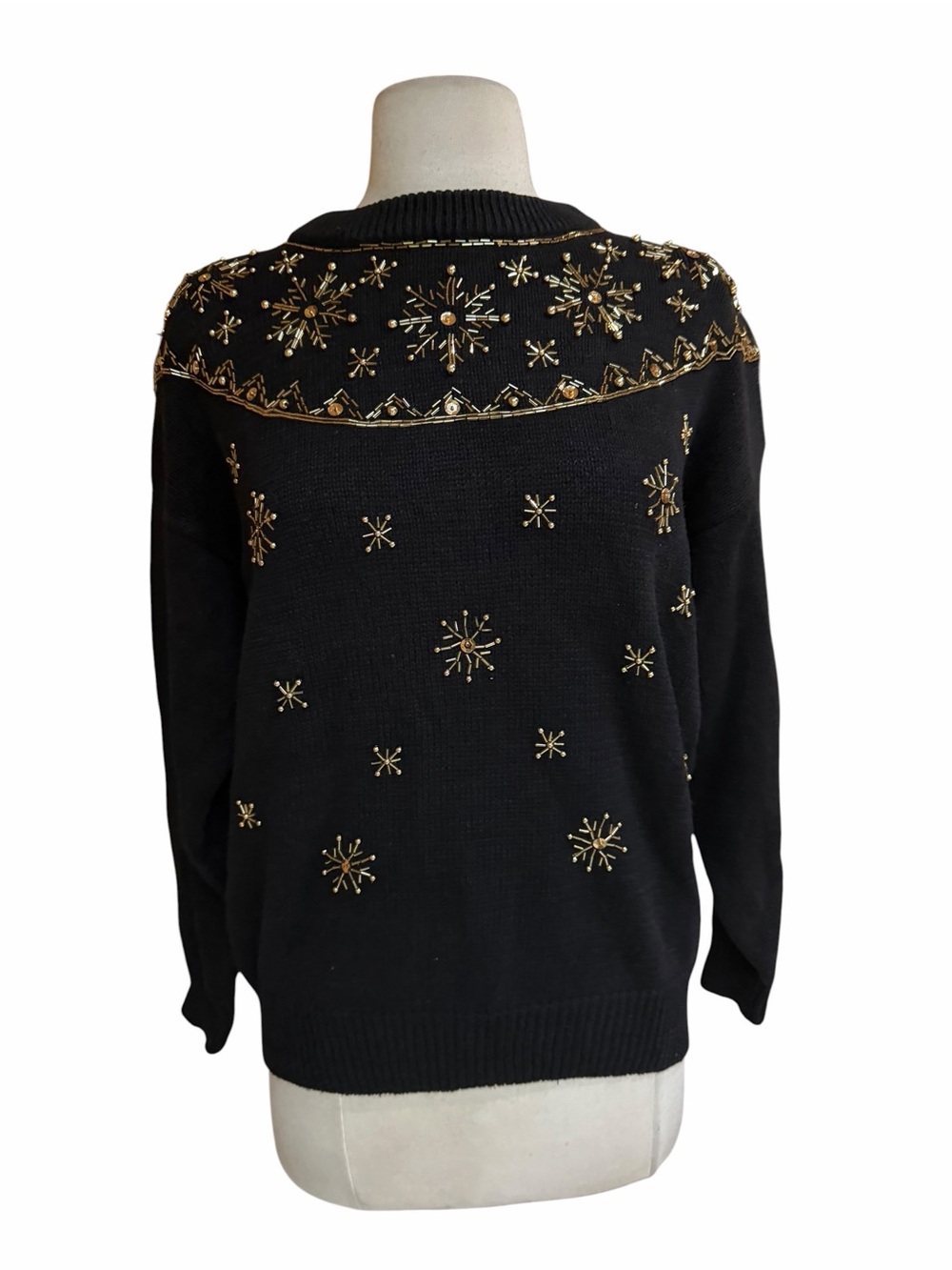 Late 80s/Early 80s Trimmings Ramie/Cotton Gold Beaded Snowflake Pullover Sweater